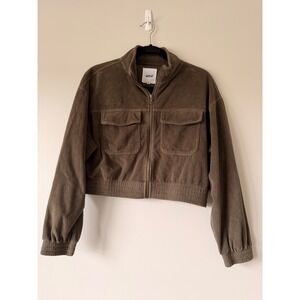 Aerie Women Olive Brown Corduroy Cropped Bomber Zip Up Utility Jacket Medium